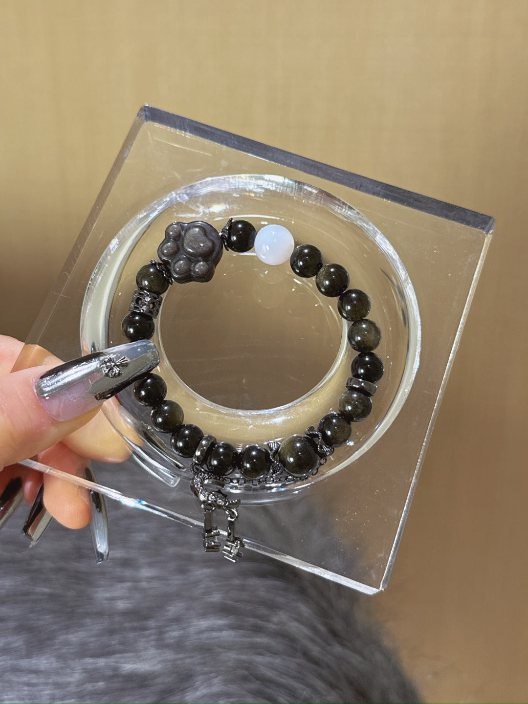 ▫️▪️ Gold obsidian silver obsidian cat's paw bracelet